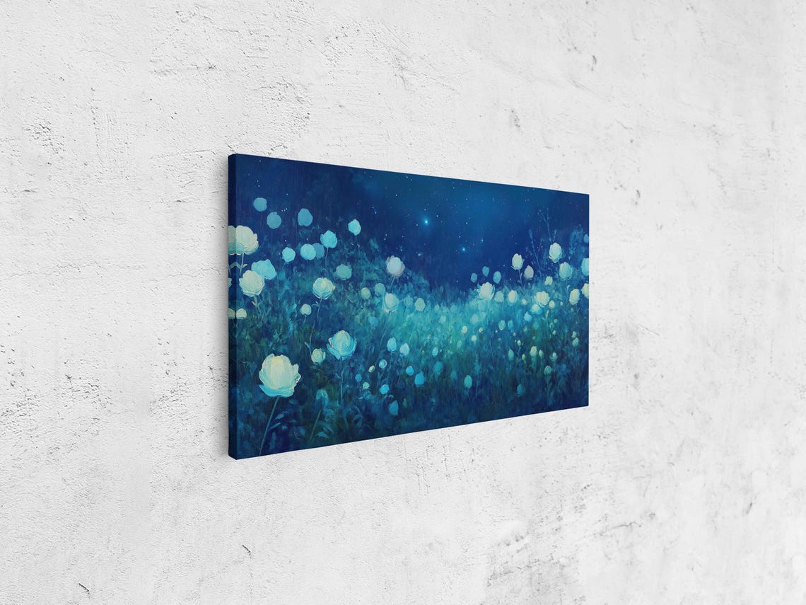 Dreamlike Neon Flowers Field Wall Art Print Starry Night Magical Atmosphere - Image 4