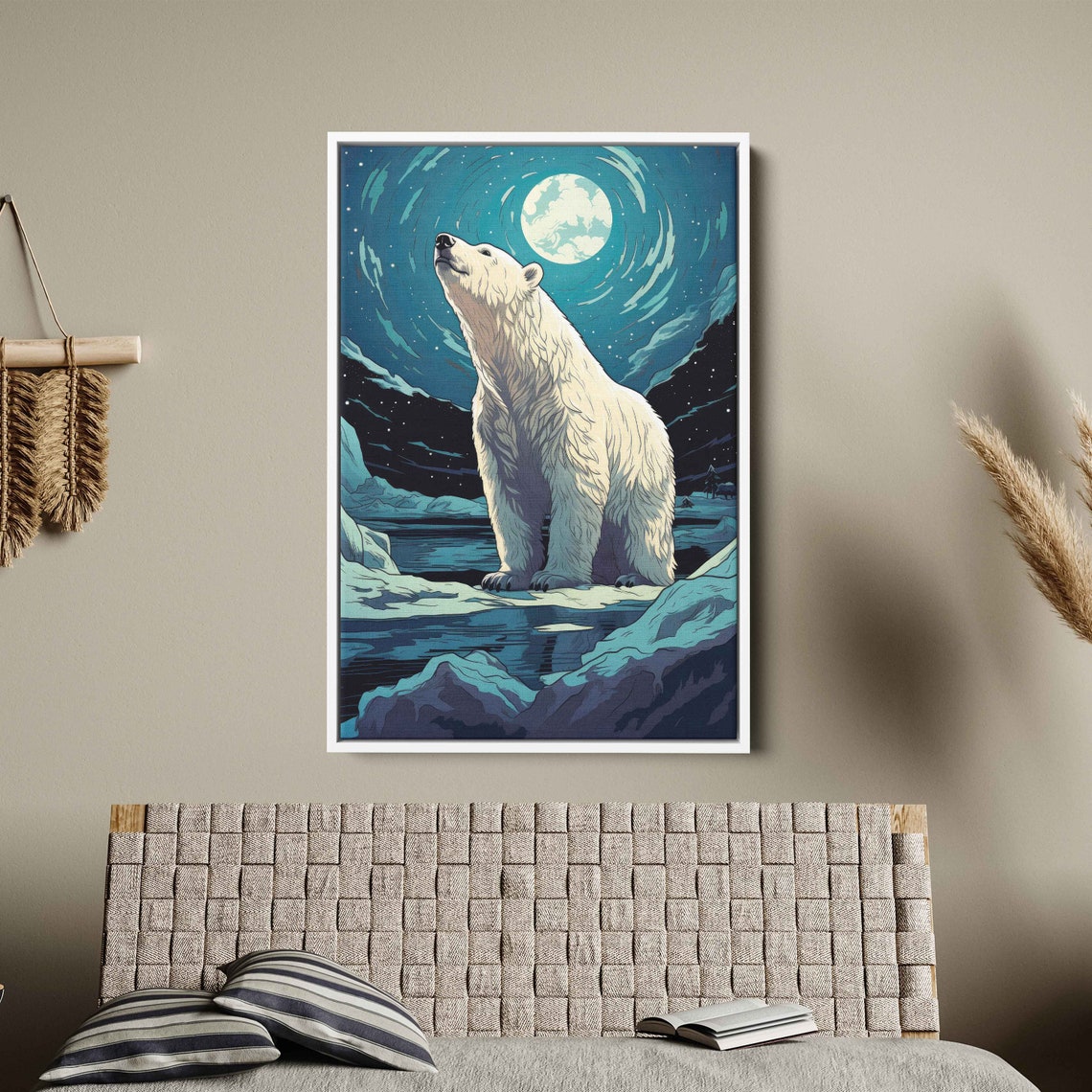 Polar Bear Gazing Full Moon Ice Floe Starry Night Vector Art Print - Image 2
