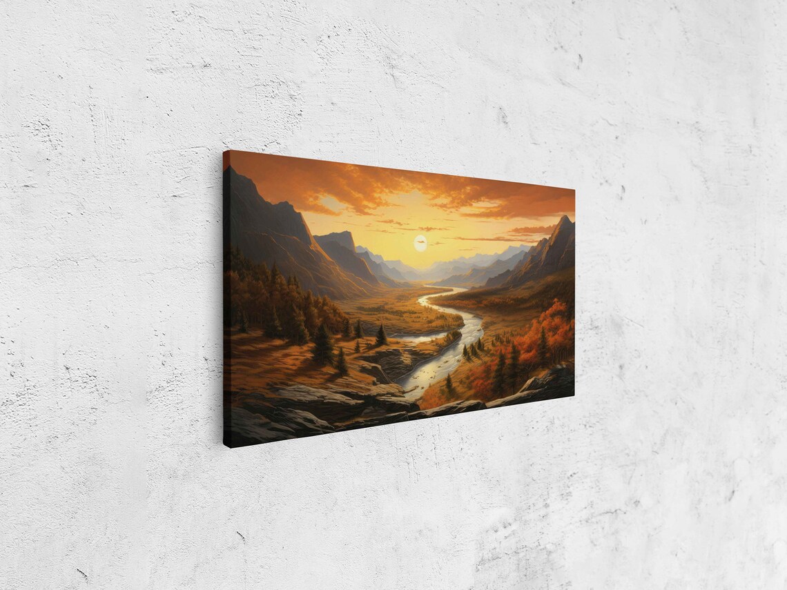 Golden Autumn Valley Winding River Sunset Mountains Landscape Poster - Image 4