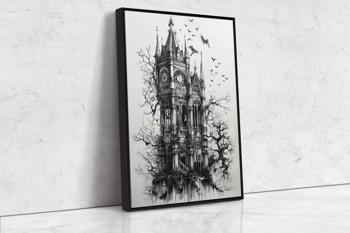 Gothic Clocktower Rising From Tangled Branches Bats Ink Halloween Poster - Image 4