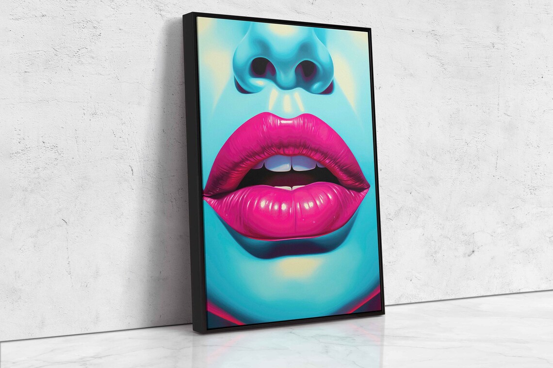 Pop Art Pink Lips On Blue Neon Face Bold Trendy Pop Culture Print - Image 4
