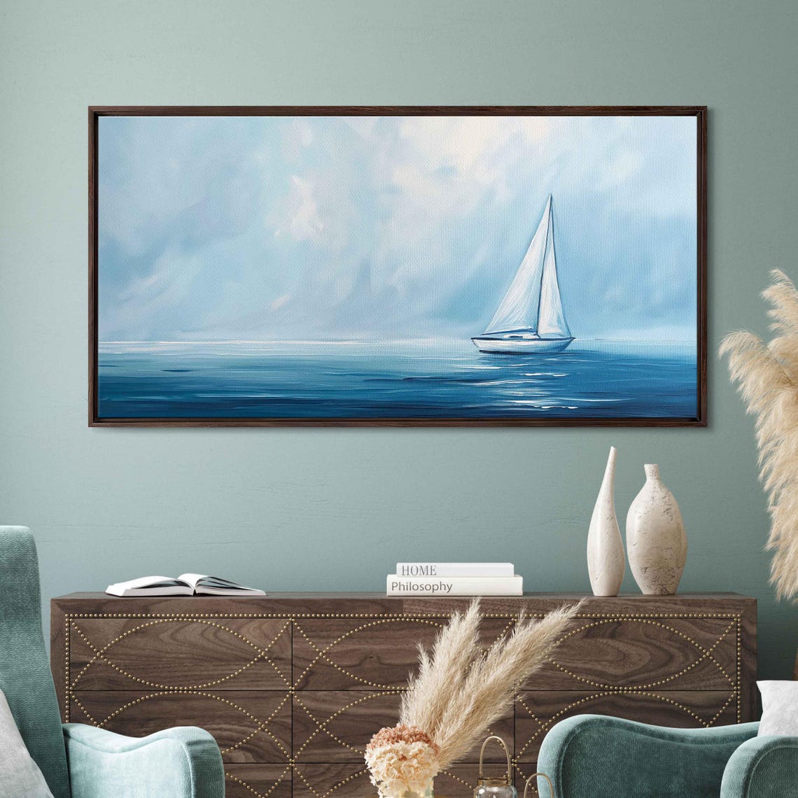Small Sailboat On Calm Blue Sea Under Dramatic Cloudy Sky Poster - Image 3