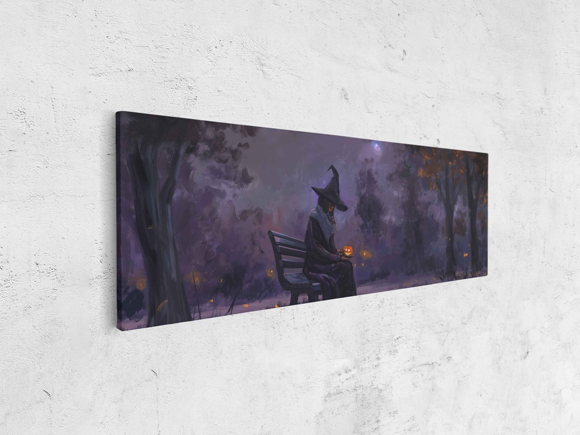 Vintage Witch on Bench With Jack O Lantern Spooky Halloween Art Print - Image 4