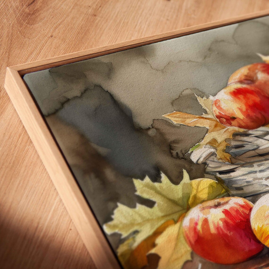 Watercolor Basket Of Apples With Autumn Leaves Kitchen Art Poster - Image 2