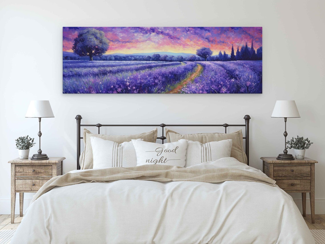 Lavender Field Winding Path Pink Sunset Panoramic Painting Poster - Image 3