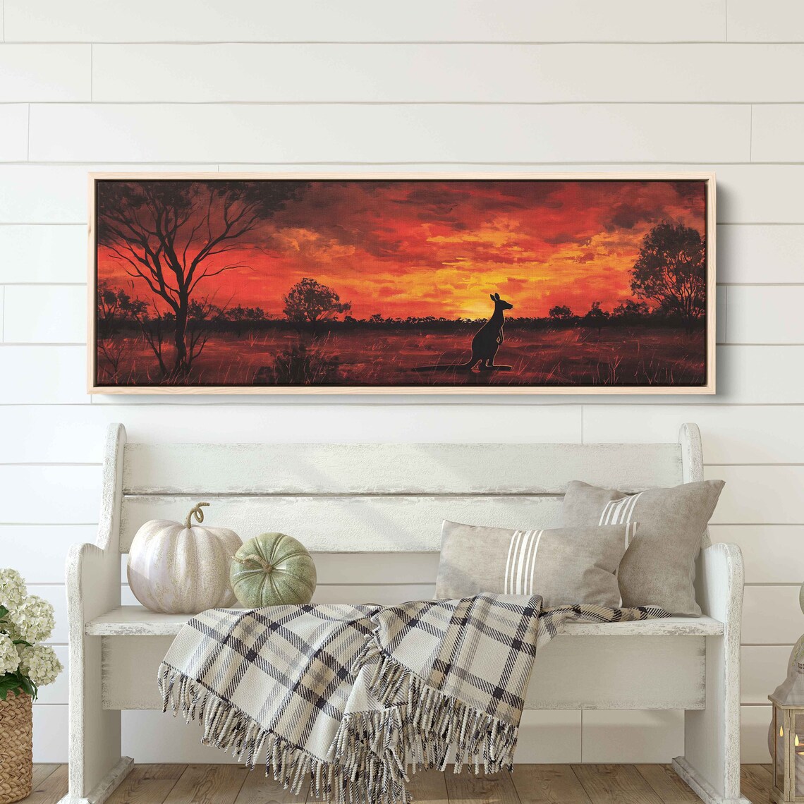 Kangaroo Silhouette Australian Outback Fiery Red Sunset Panoramic Wall Poster - Image 2