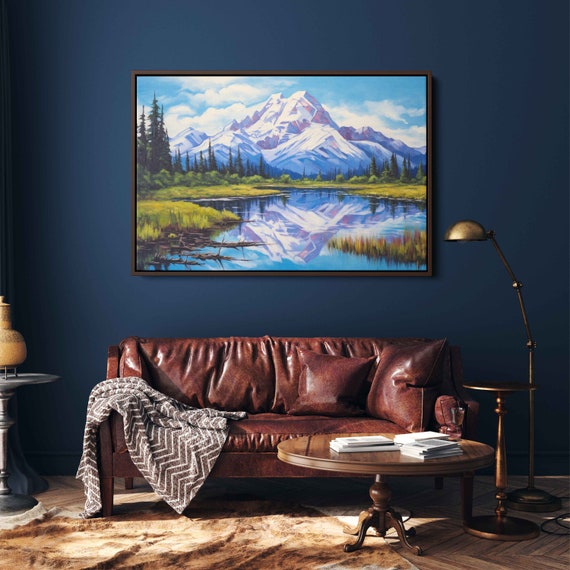 Talkeetna Alaska Uplifting Mountains Painting Wall Art Print Beautiful Snowy Mountain Range Frozen River Ready To Hang