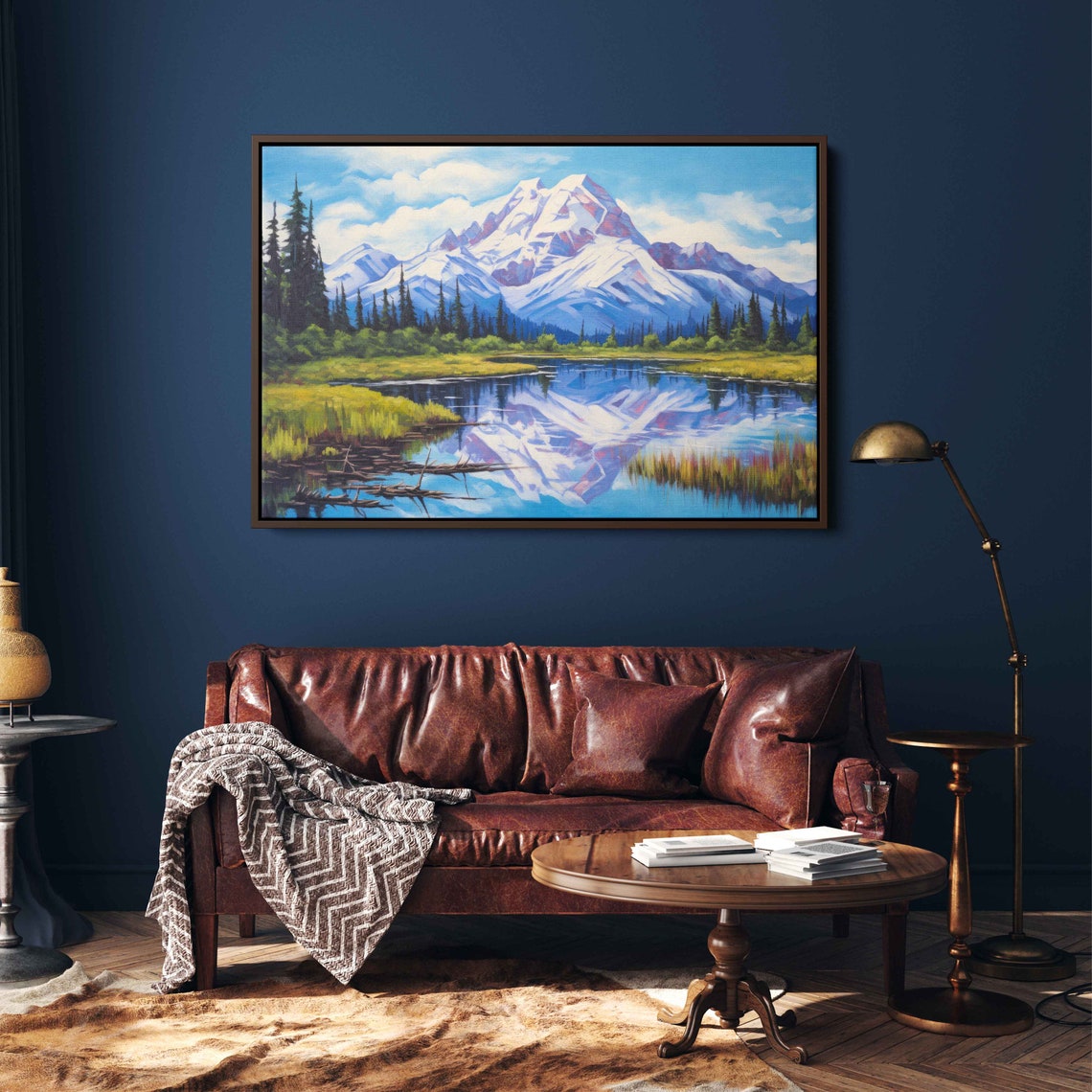 Snowy Mountain Peak Lake Reflection Pine Forest Summer Painting Poster