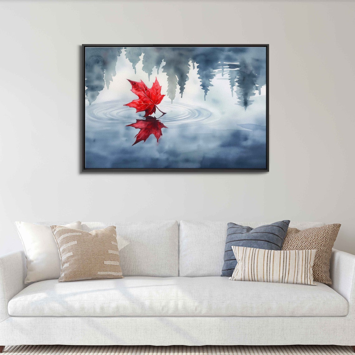 Red Maple Leaf Floating On Calm Water Reflection Watercolor Poster
