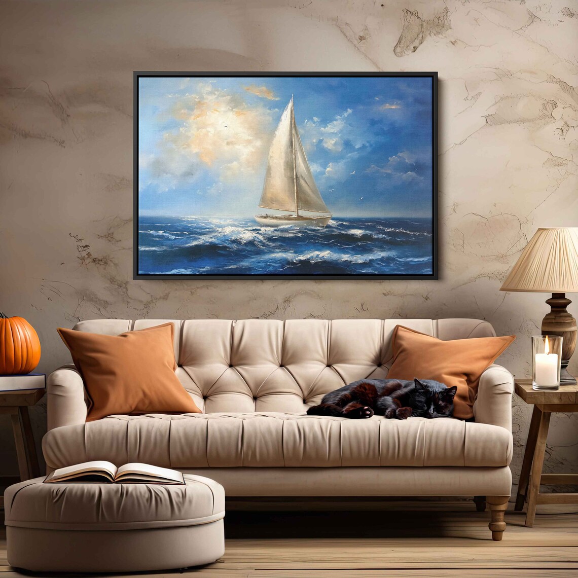 Sailboat Riding Choppy Blue Waves Golden Clouds Seascape Painting Poster - Image 2