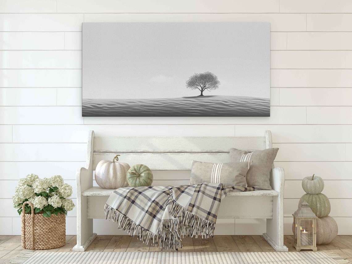 Lone Tree Minimalist Monochrome Line Art Desert Waves Wall Art Print - Image 2