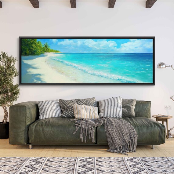 Tropical Paradise Beach Panoramic Painting Turquoise Water White Sand Palm Trees Poster