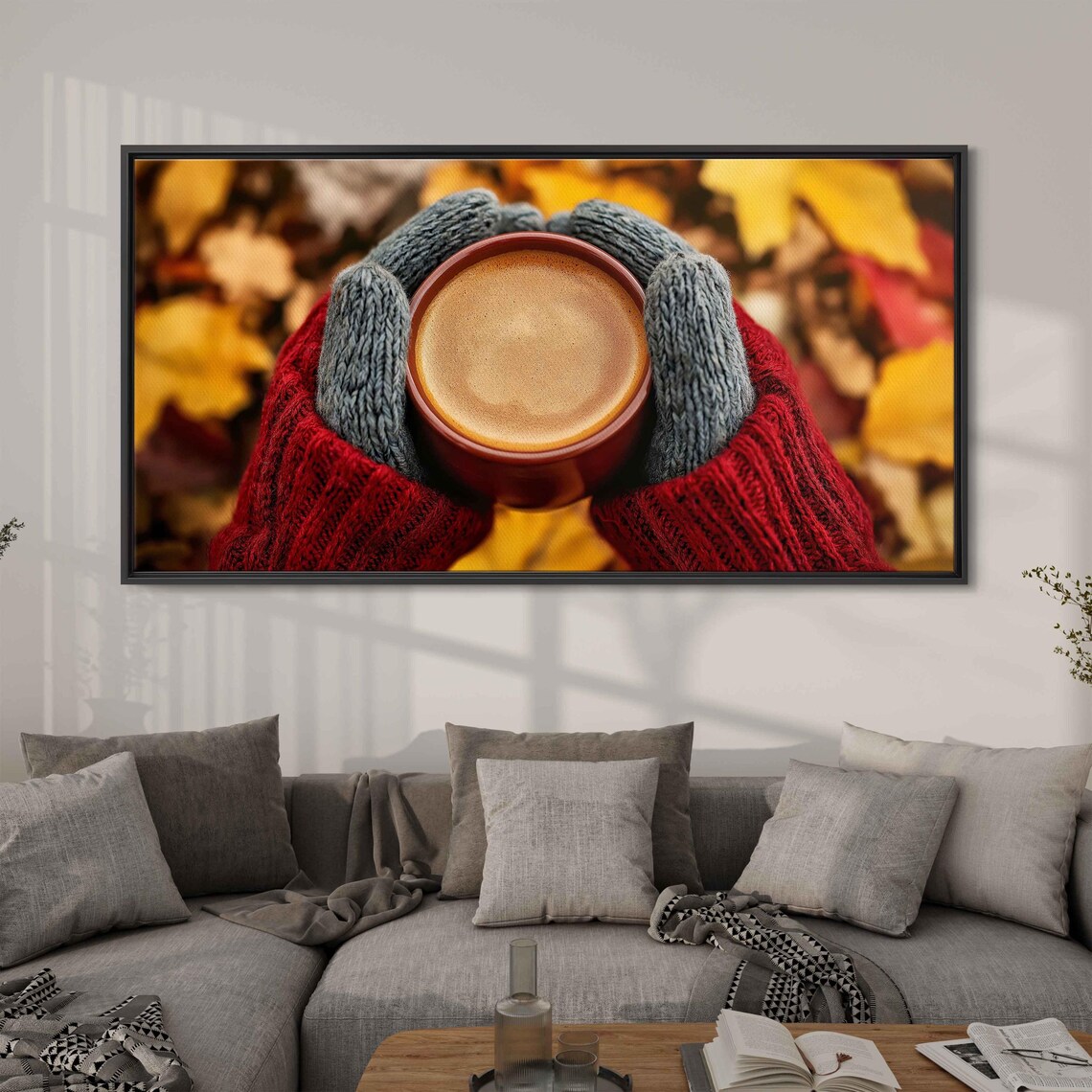 Hands In Cozy Knit Sweater Holding Warm Coffee Cup Among Autumn Leaves Wall Art