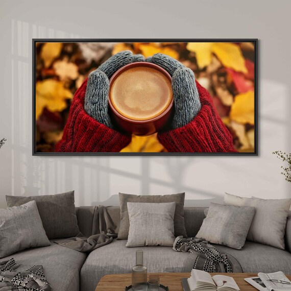 Hands In Cozy Knit Sweater Holding Warm Coffee Cup Among Autumn Leaves Wall Art