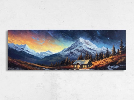 Cabin Starry Night Sky Panoramic Landscape Painting Framed Print Ready To Hang Coloful Night Sky Living Room Decor