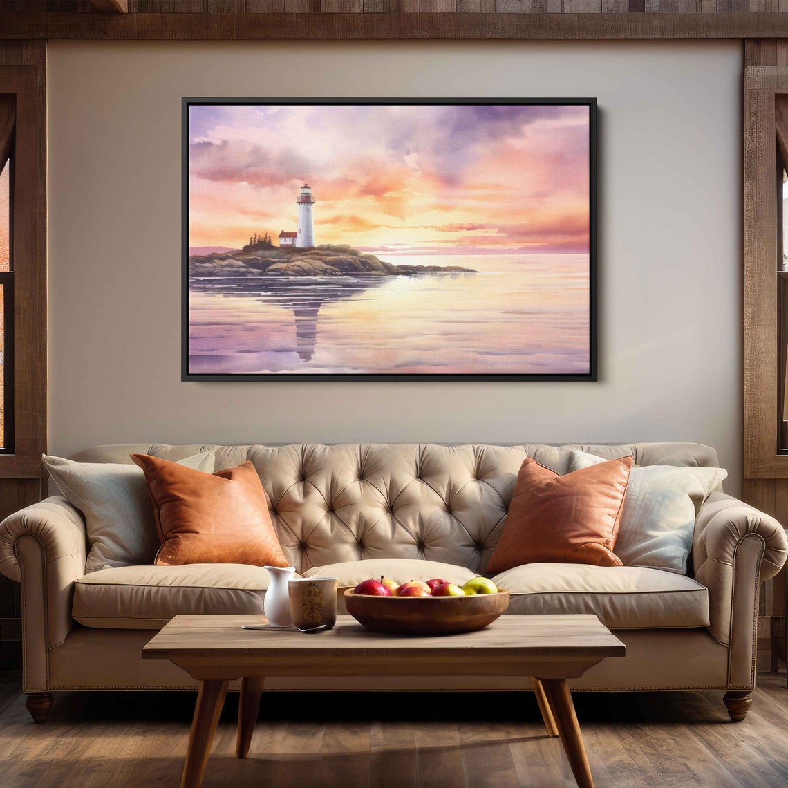Lighthouse At Sunset Watercolor Calm Sea Rocky Coast Reflection Print - Image 2