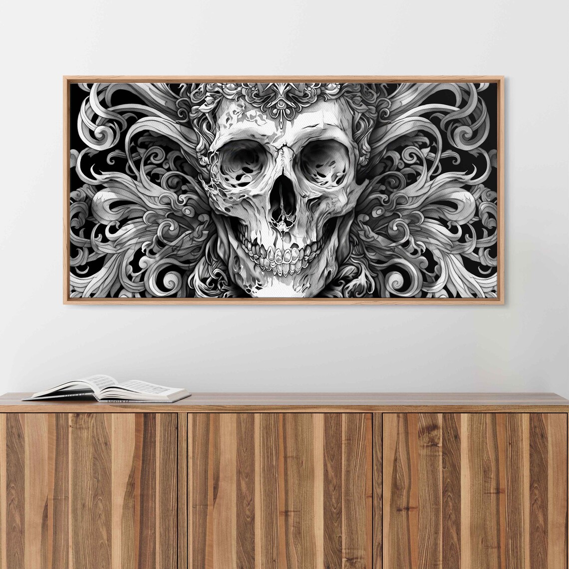 Gothic Skull Baroque Swirling Filigree Monochrome Ink Halloween Wall Poster - Image 3