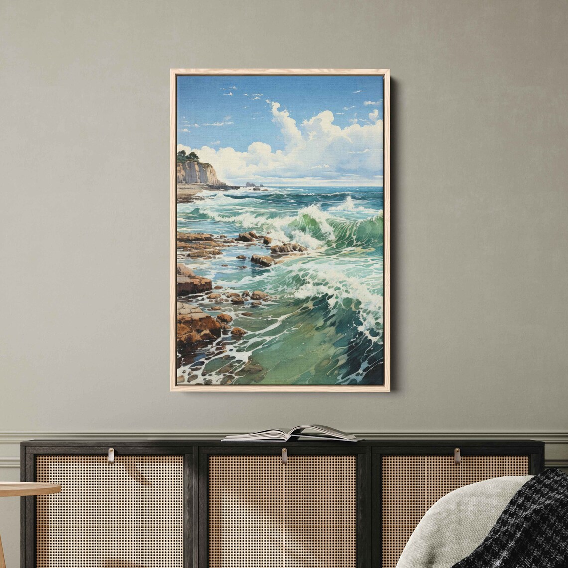 Turquoise Ocean Waves Rocky Coastline White Cliffs Watercolor Seascape Print - Image 2