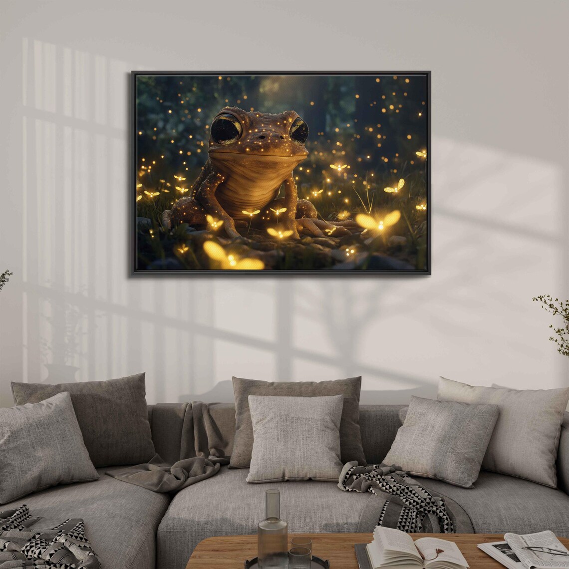 Adorable Big-Eyed Frog Among Glowing Fireflies Whimsical Poster - Image 3