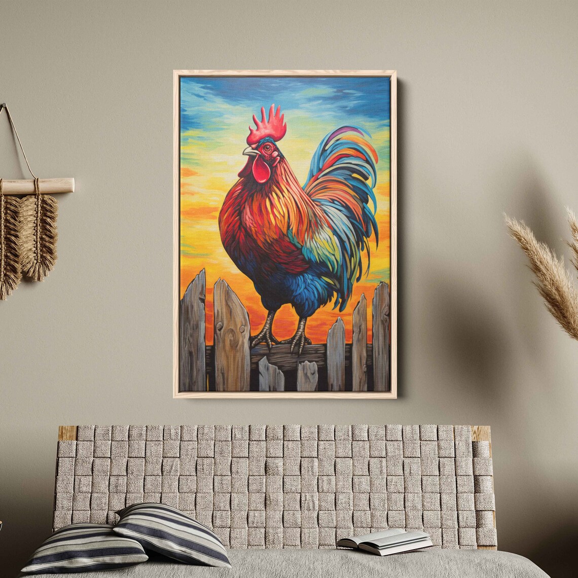 Colorful Rooster on Fence Sunset Sky Rustic Farmhouse Kitchen Wall Art - Image 3