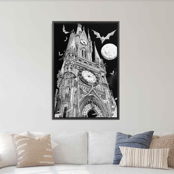 Gothic Clocktower Under Full Moon With Bats Flying Night Sky Wall Poster