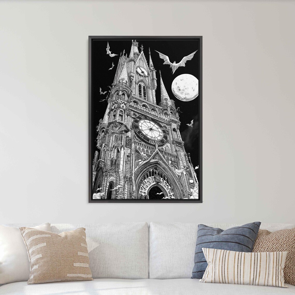 Gothic Clocktower Under Full Moon With Bats Flying Night Sky Wall Poster