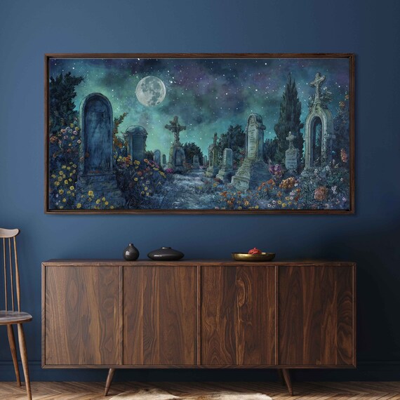 Moonlit Haunted Graveyard Watercolor Tombstones Stars Night Print