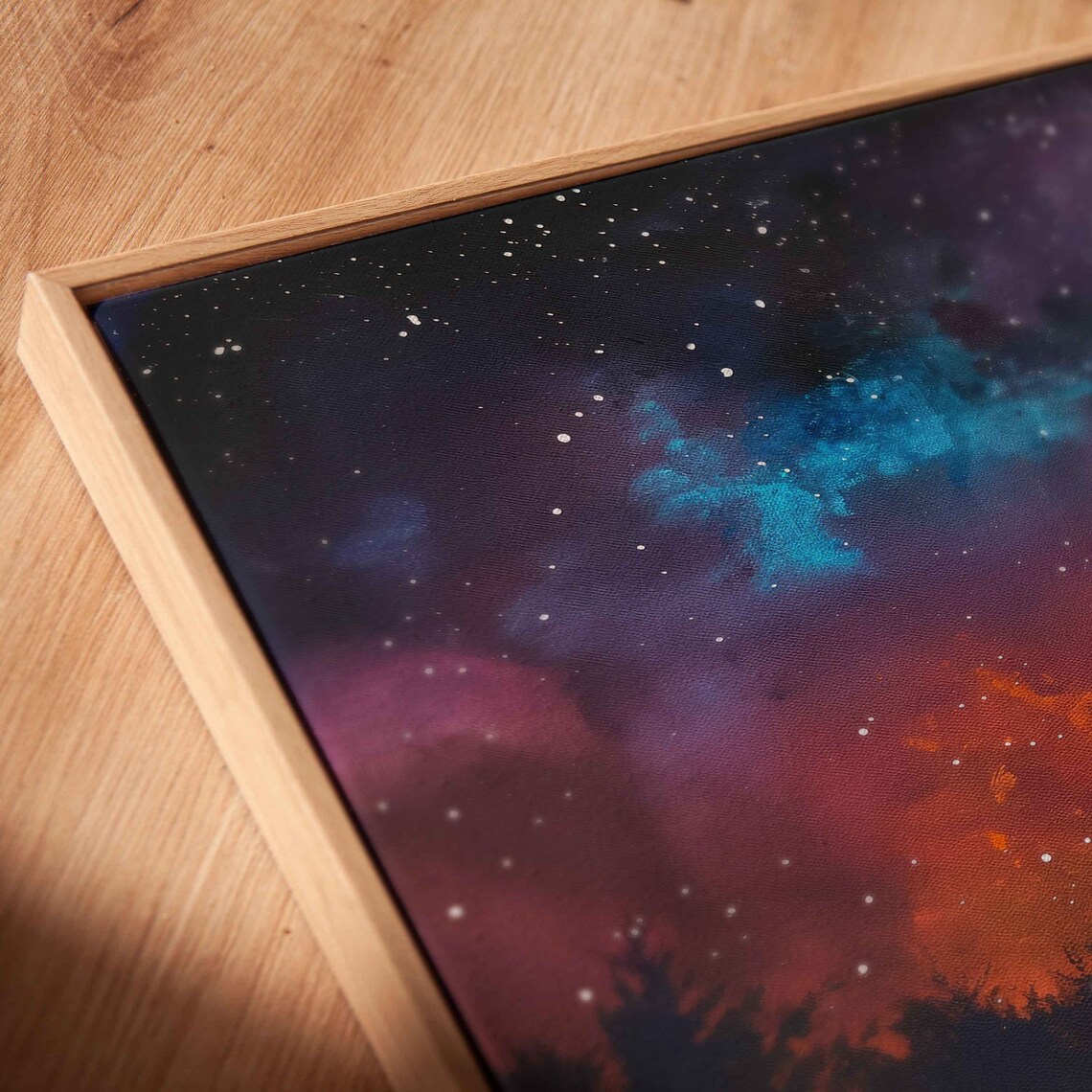 Witch Riding Broomstick Over Forest Colorful Starry Night Sky Print - Image 2