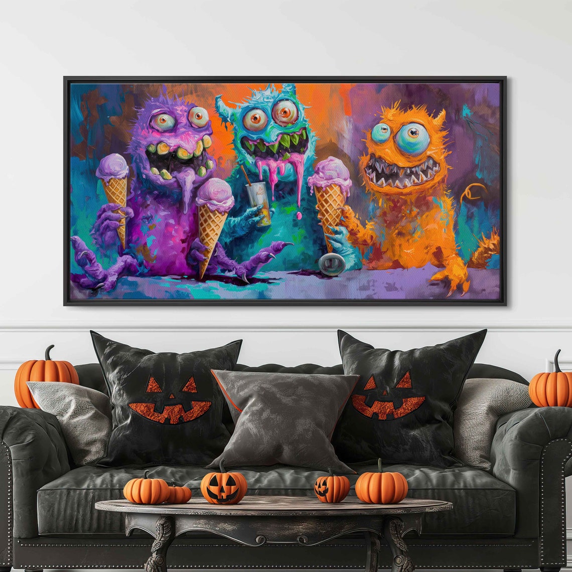 Colorful Cartoon Monsters Eating Ice Cream Cones Fun Wall Poster