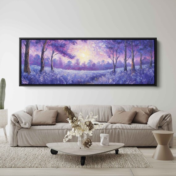 Purple Wildflower Meadow Sunrise Through Trees Impasto Painting Art Poster
