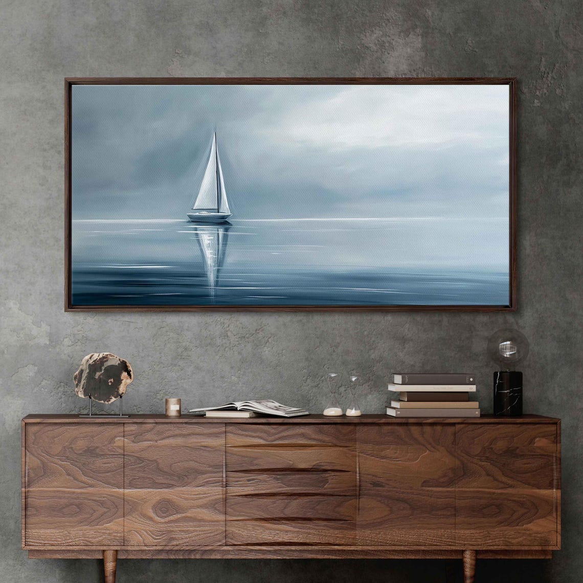 Sailboat Reflection On Misty Gray Blue Water Nautical Poster