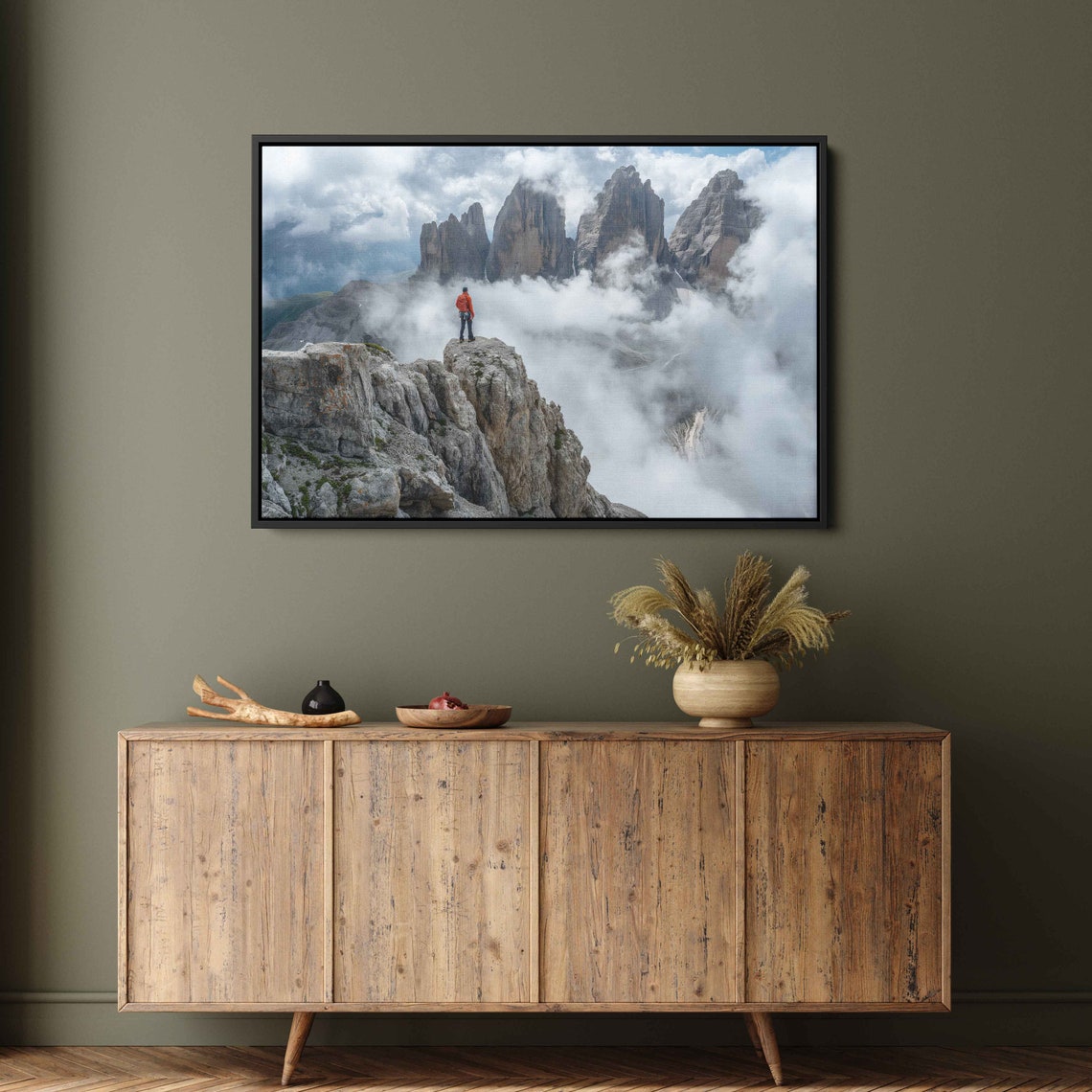 Red Jacket Hiker On Cliff Edge Over Cloud Valley High Peaks Poster - Image 4