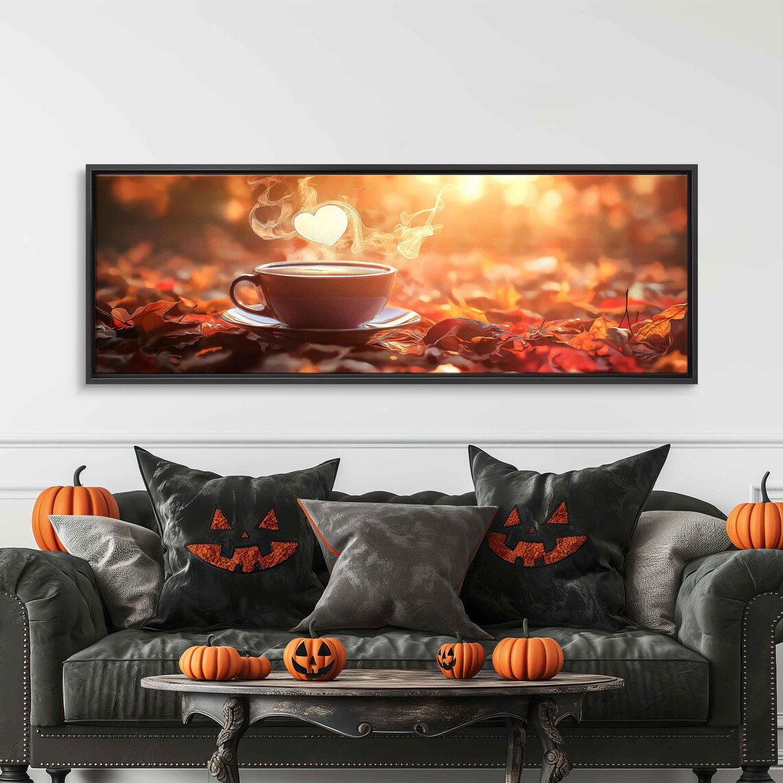 Coffee Cup In Red Leaves With Heart Steam Warm Sunlight Art Print - Image 3