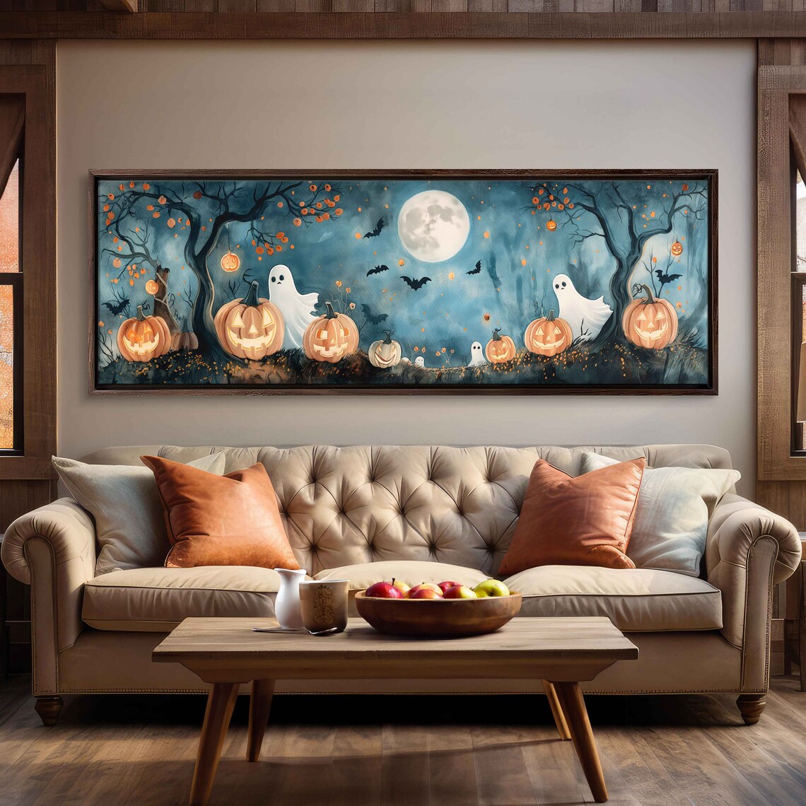 Whimsical Moonlit Pumpkin Patch With Cute Ghosts Jack O Lanterns And Bats Print