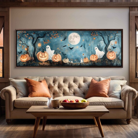 Whimsical Moonlit Pumpkin Patch With Cute Ghosts Jack O Lanterns And Bats Print