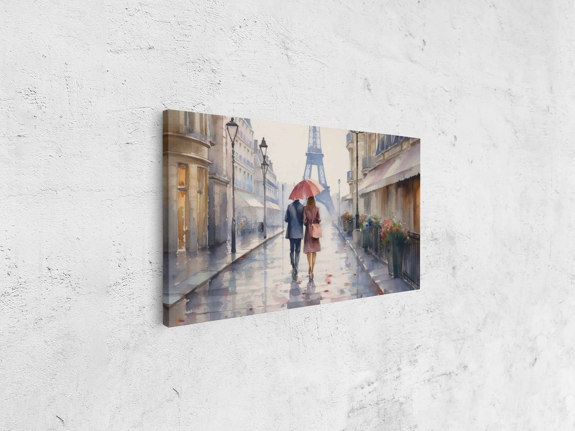 Paris Rainy Street Eiffel Tower Couple Pink Umbrella Watercolor - Image 4
