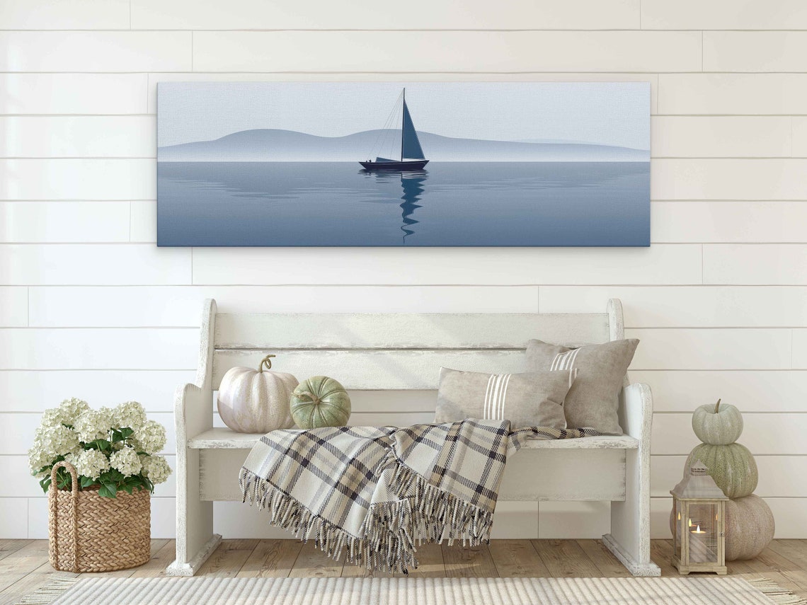 Minimalist Sailboat Calm Blue Water Misty Hills Modern Wall Art Print - Image 2