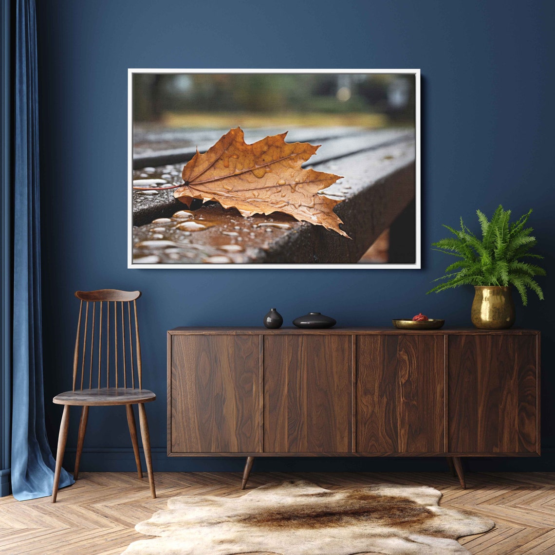 Autumn Maple Leaf Rainy Bench Closeup Moody Fall Photography Poster - Image 3