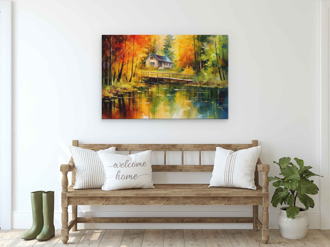 Colorful Watercolor Cabin In The Woods Bridge Over Pond Framed Print Rustic Decor - Image 2