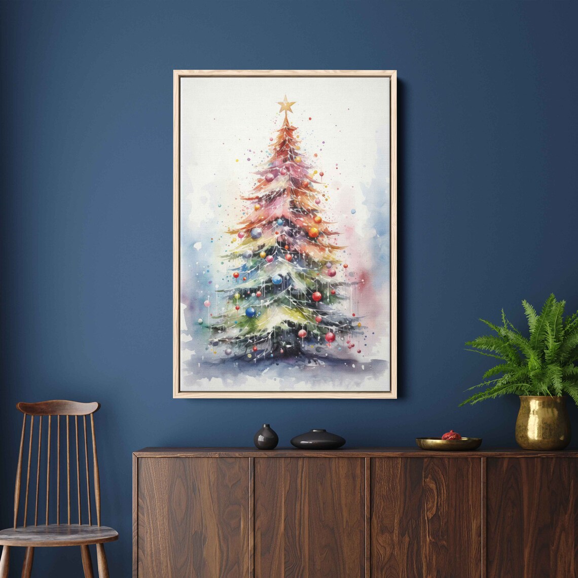 Watercolor Christmas Tree Colorful Ornaments Gold Star Poster - Image 3