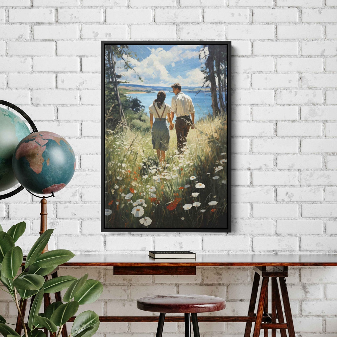Romantic Couple Walking Wildflower Field Lakeside Vintage Poster