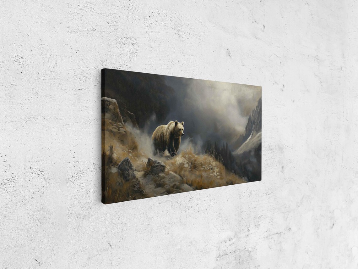 Grizzly Bear Emerging From Fog Dramatic Mountain Oil Painting Poster - Image 4