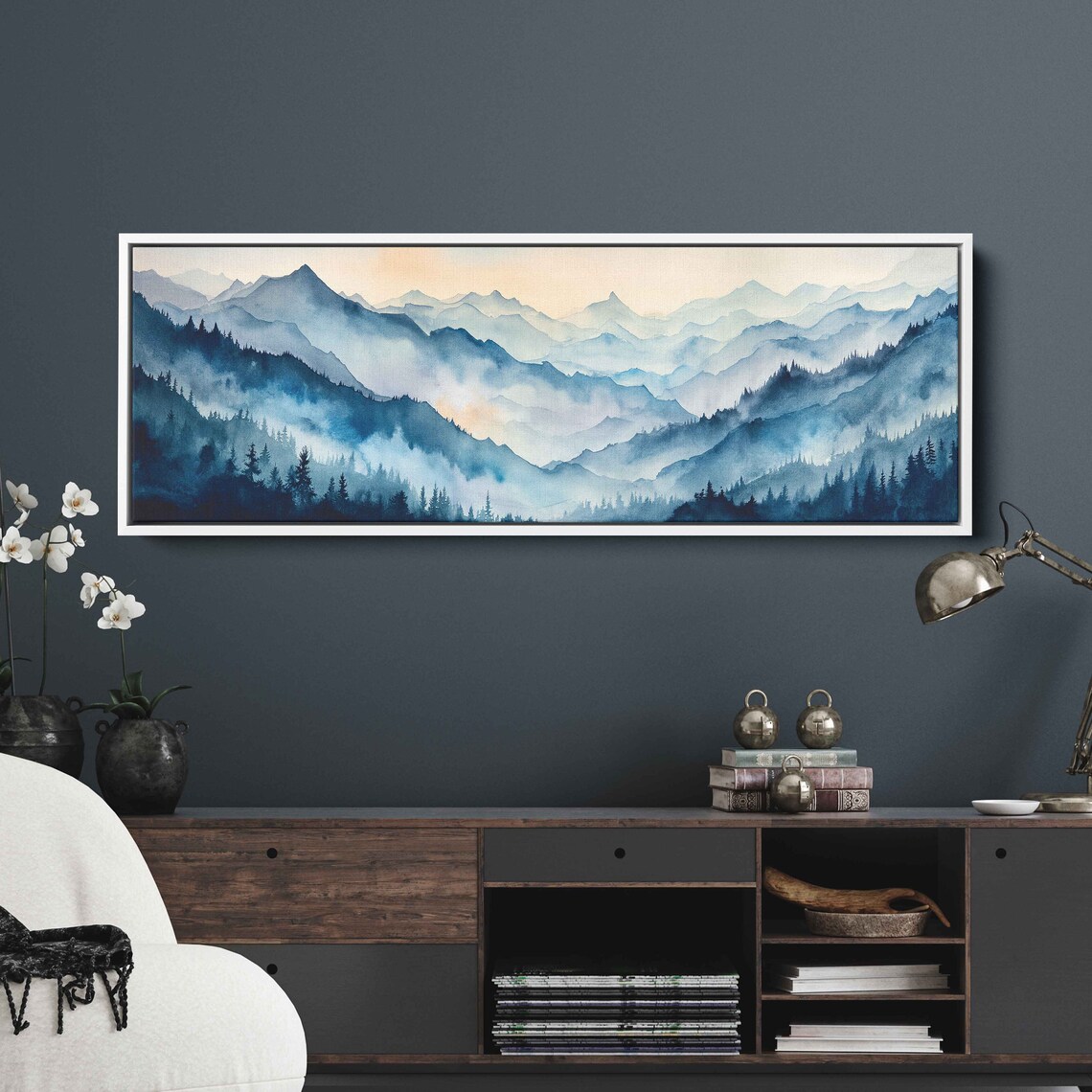 Foggy Mountain Landscape With Trees Painting Framed Print Ready To Hang - Image 3