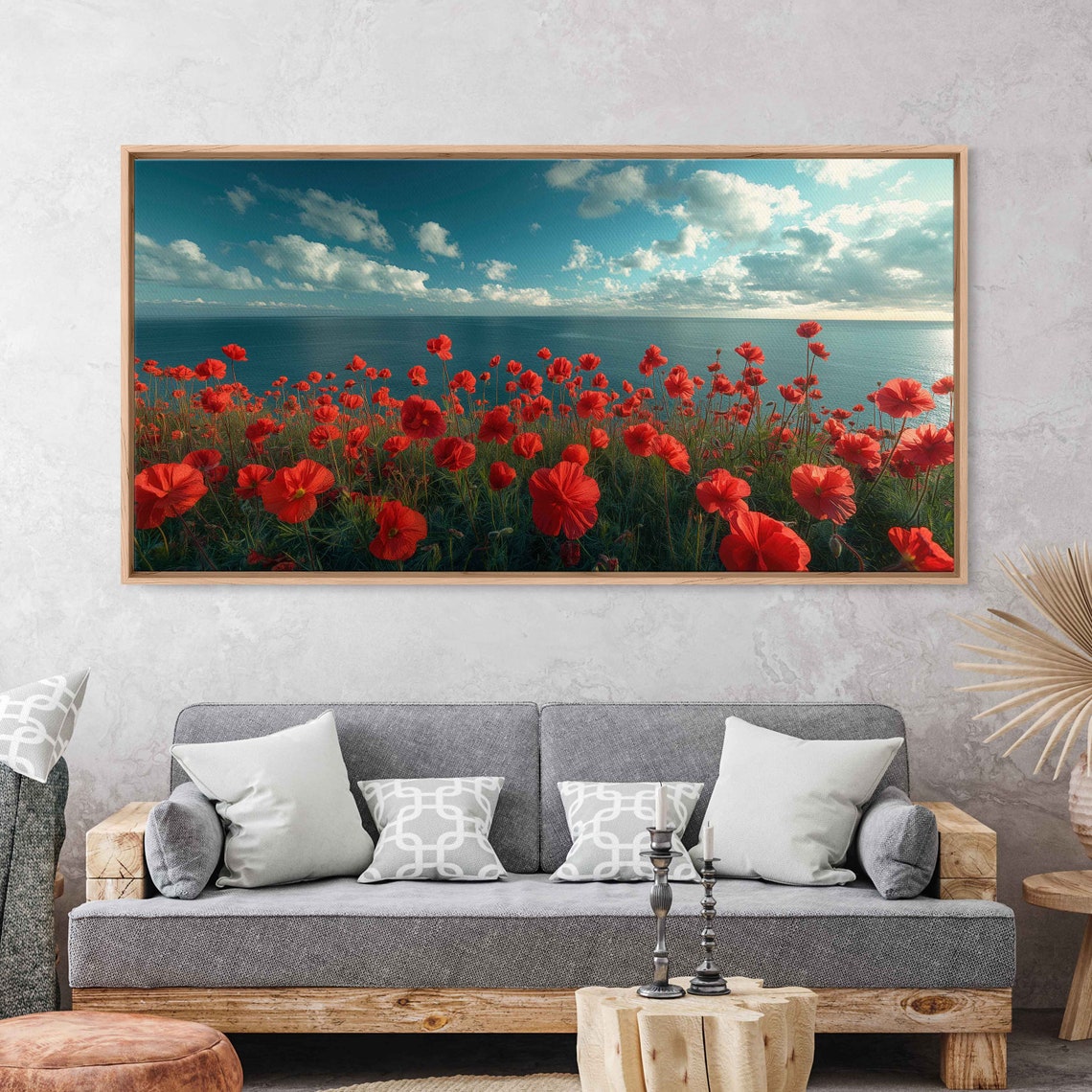 Red Poppy Flowers Field Ocean Backdrop Blue Sky Panoramic Wall Art - Image 2