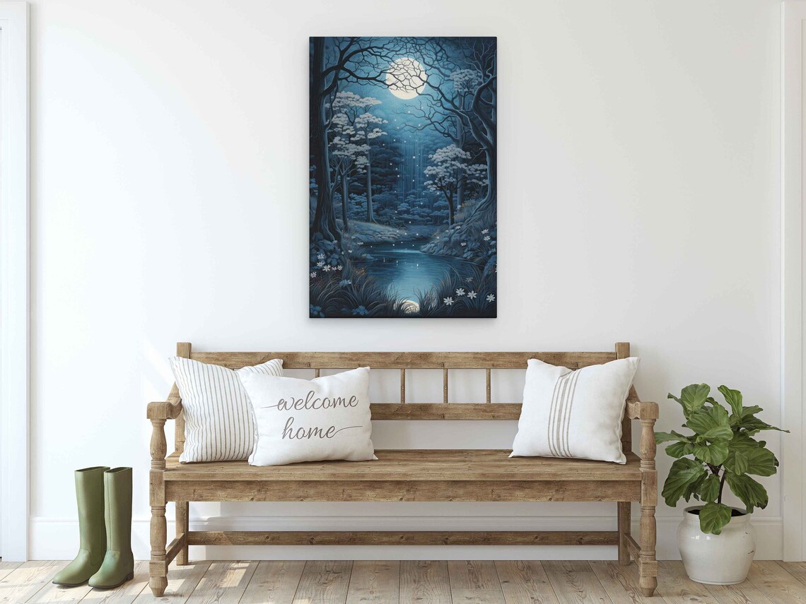 Enchanted Moonlit Forest Painting, Wall Art Print - Image 2