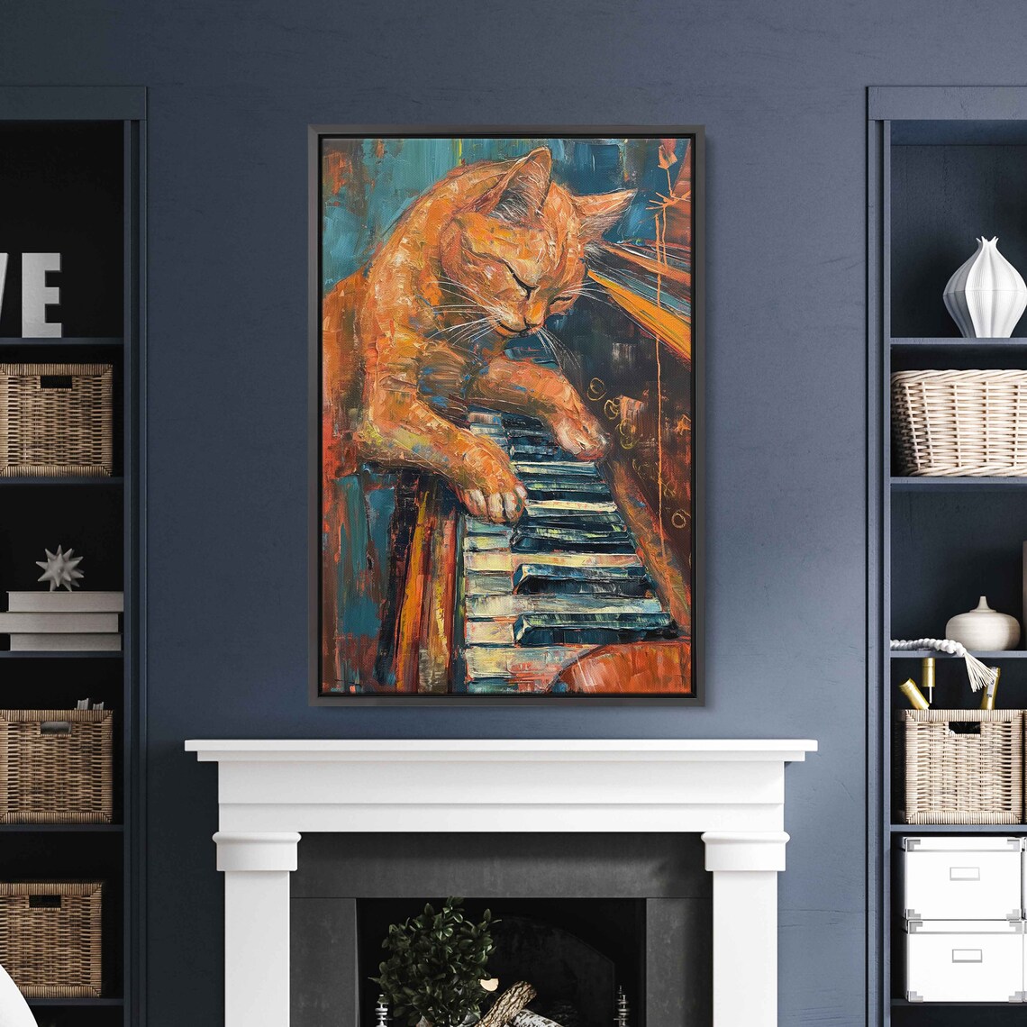 Orange Tabby Cat Playing Piano Palette Knife Painting Whimsical Pet Poster - Image 3