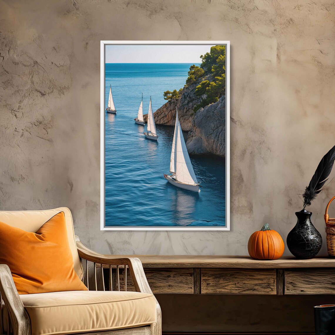 Sailboats Cruising Rocky Cliffs Deep Blue Sea Coastal Sailing Travel Poster - Image 3