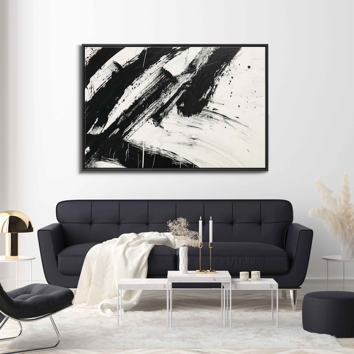 Black White Abstract Diagonal Brush Strokes Modern Monochrome Wall Art