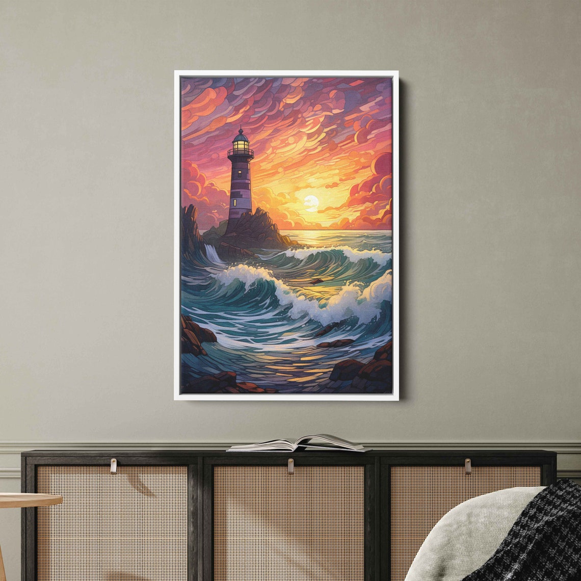 Stylized Lighthouse Above Crashing Waves Colorful Sunset Sky Poster - Image 2