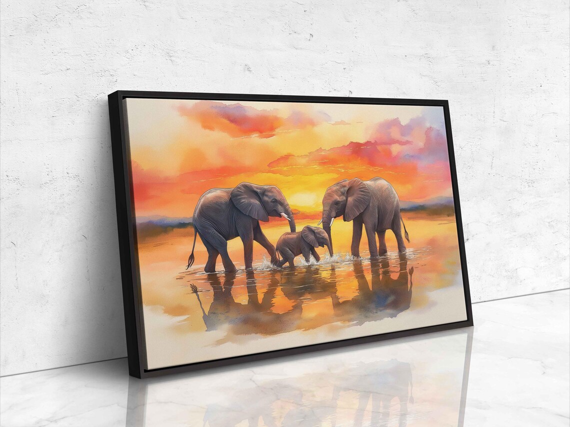 Elephants Bathing At Sunset Watercolor Family Reflection Wildlife Poster - Image 4